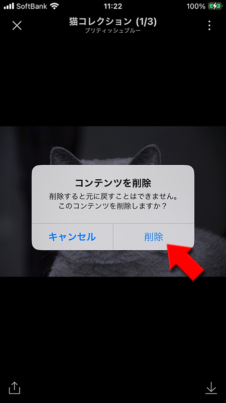 LINE アルバムの写真の削除確認画面 iphone版