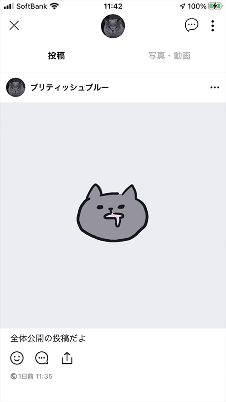 LINE 投稿の全体に公開投稿地球マーク画面 iphone版