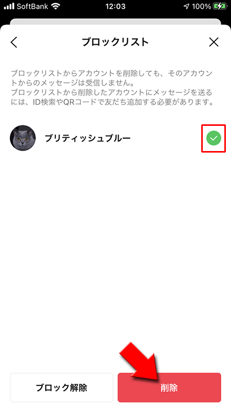 LINE ブロックリスト削除したい友だちを選ぶ iphone版