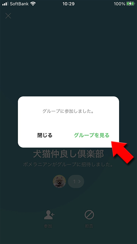 LINE グループのプロフィールページから参加を選択した直後 iphone版