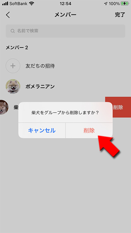 LINE 友だちリストからグループ削除の確認を選択 iphone版