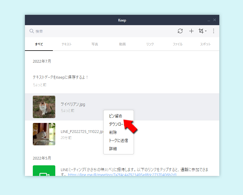 LINE Keep ピン留めの選択 PC版