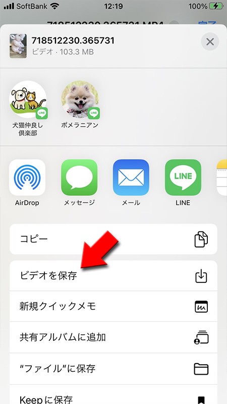LINE ビデオを保存を選択する iphone版