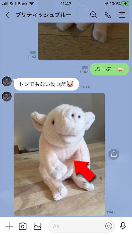 LINE トーク動画を友だちから送信された画面 iphone版