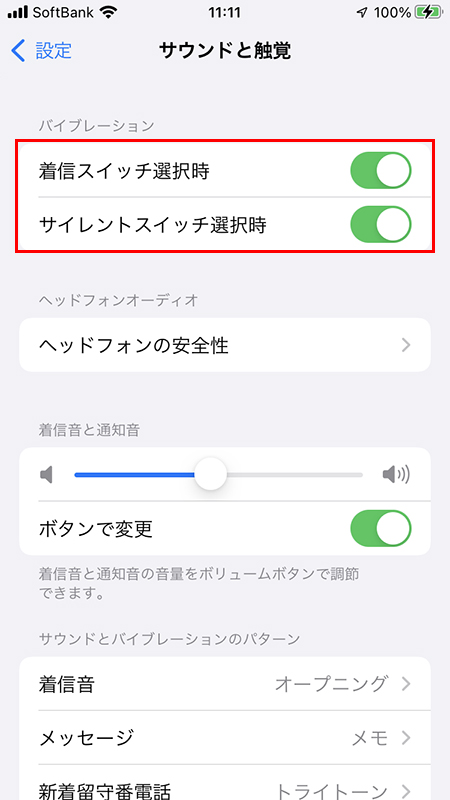 iphoneのバイブレーション設定全てオン iphone版