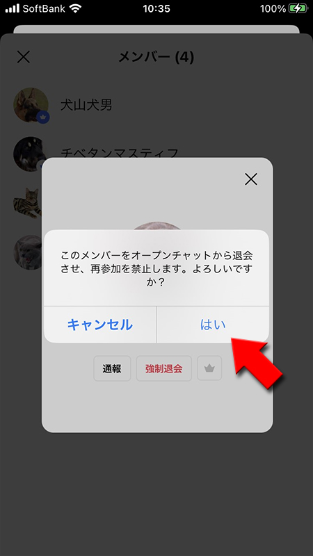 LINE オープンチャットの強制退会確認のはいを選択 iphone版
