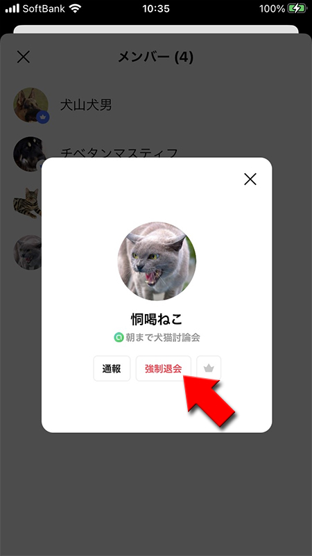 LINE オープンチャットメンバープロフの強制退会を押す iphone版