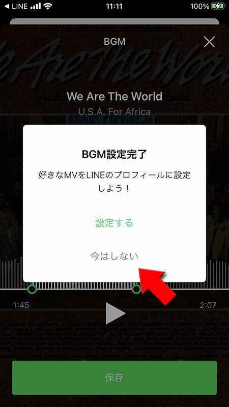 LINE MVをプロフィールに設定するか確認画面 iphone版