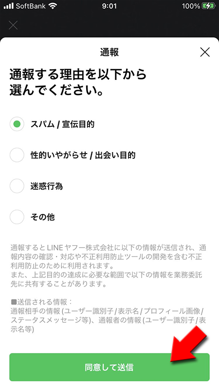 LINE プロフィールからの通報ページ iphone版