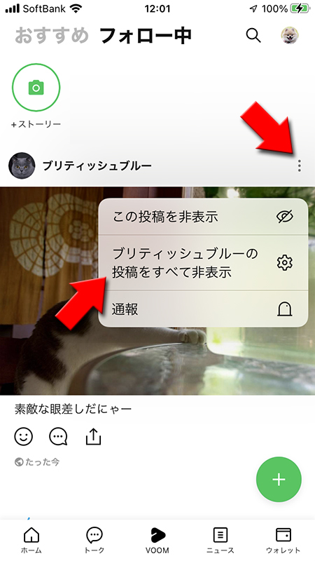 LINE LINE VOOMから〇〇の投稿をすべて非表示を選択 iphone版
