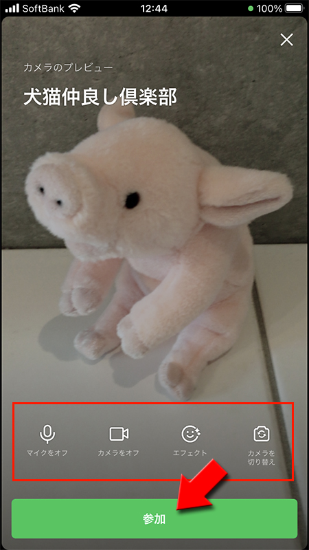 LINE グループビデオ通話参加前の設定画面 iphone版