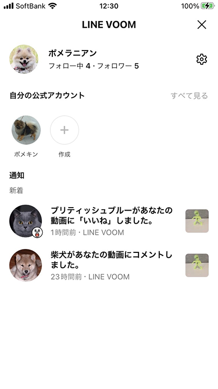 LINE VOOMマイページでアカウントが複数ある状態 iphone版