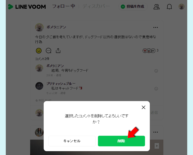 LINE VOOMの投稿コメント削除の確認 PC版