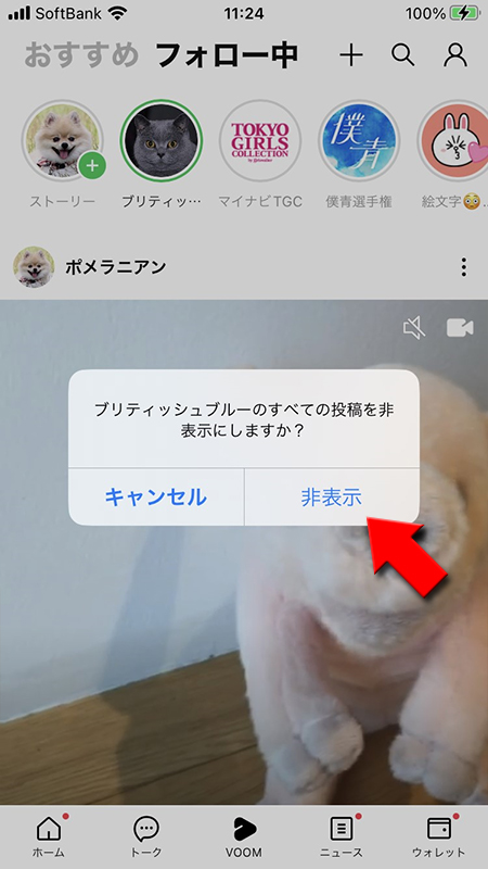 LINE VOOM投稿の非表示を選択 iphone版